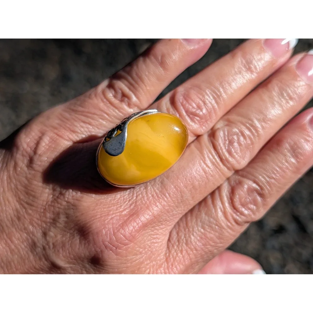 Handmade .925 Sterling Silver Baltic Butterscotch‎ Amber Ring Semi Adjustable
